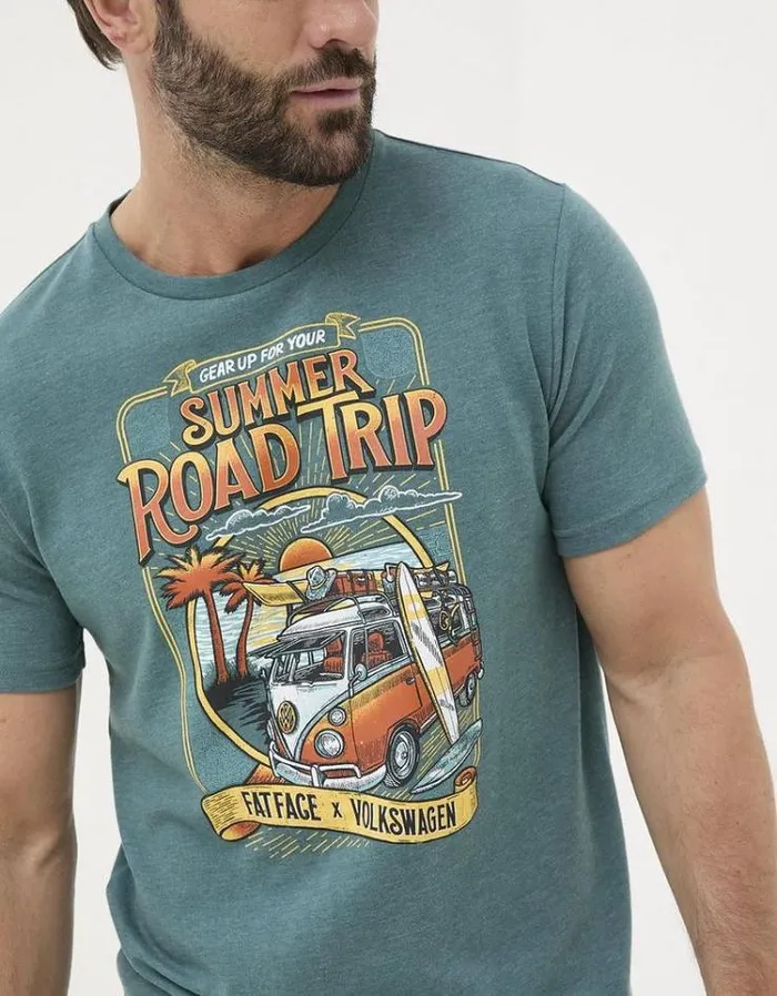 Men FatFace TShirts VW Summer Road Trip Teal Green