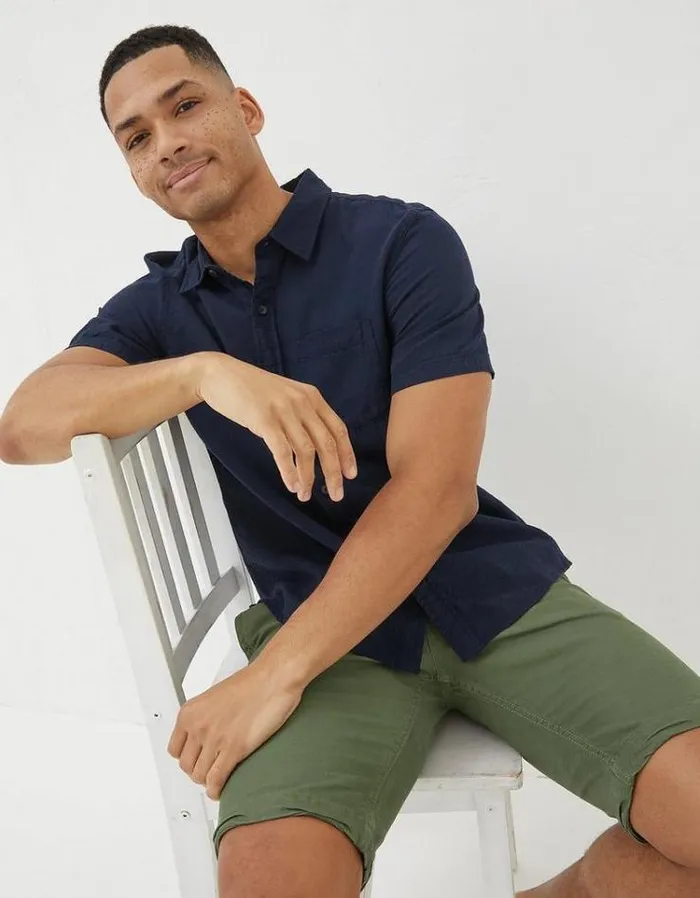 Men FatFace Vacation Shop Bugle Linen Cotton Shirt Navy