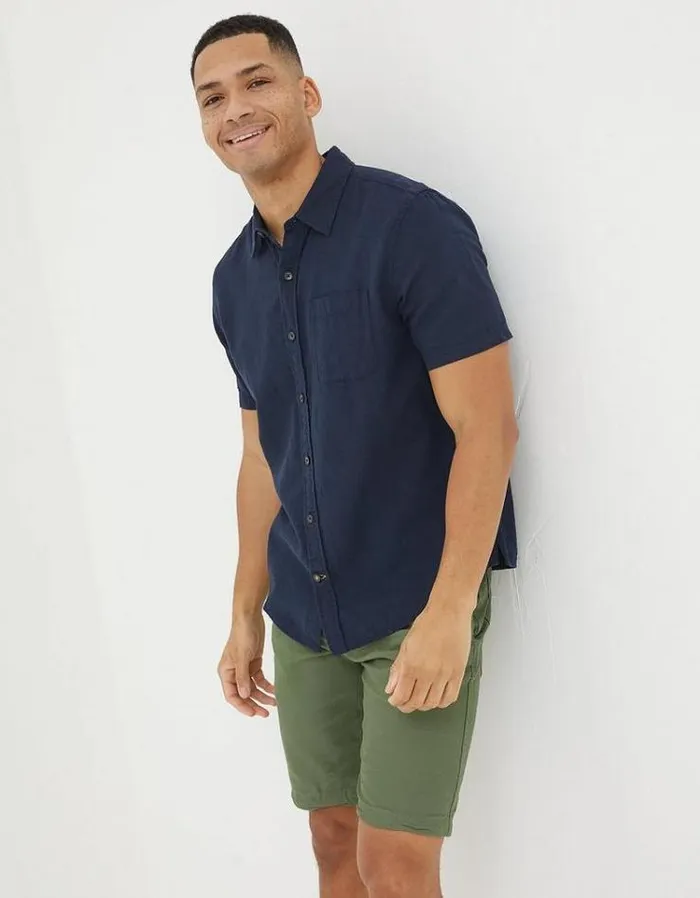 Men FatFace Vacation Shop Bugle Linen Cotton Shirt Navy