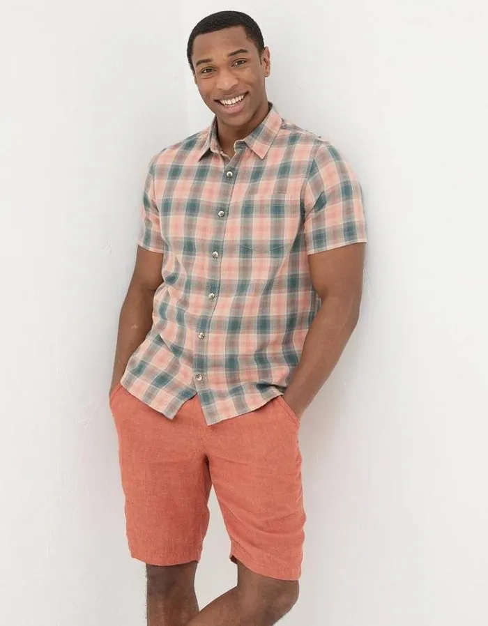Men FatFace Vacation Shop Short Sleeve Chatley Check Shirt Orange