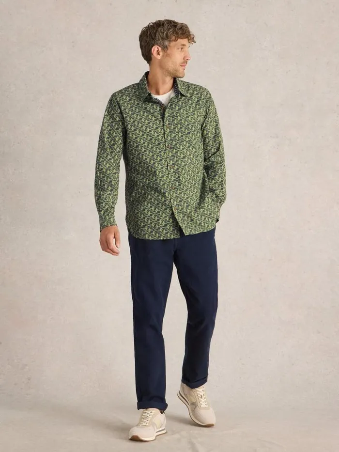 Men Koi Fish Printed Shirt Green Print White Stuff Shirts