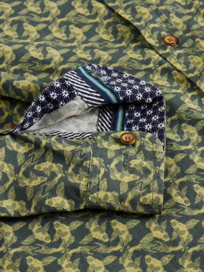 Men Koi Fish Printed Shirt Green Print White Stuff Shirts Men Koi Fish Printed Shirt Green Print White Stuff Shirts