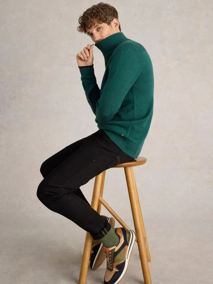 Men Merino Wool Funnel Neck Nep Green Multi White Stuff Knitwear