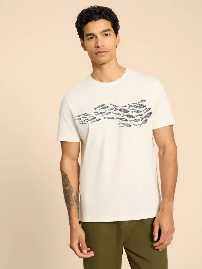 Men Shoal Fish Graphic Tee White Print White Stuff TShirts