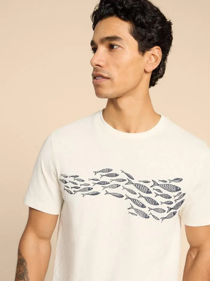 Men Shoal Fish Graphic Tee White Print White Stuff TShirts