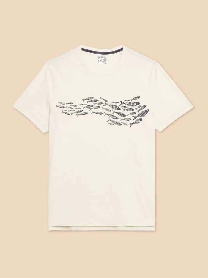 Men Shoal Fish Graphic Tee White Print White Stuff TShirts