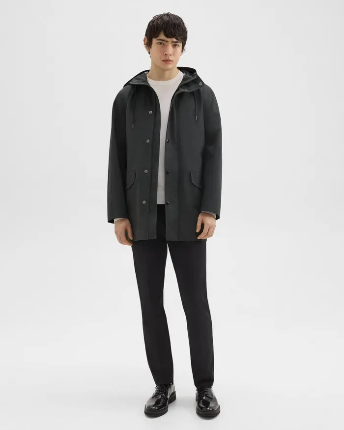 Men Theory Outerwear Hooded Raincoat In Poplin Black