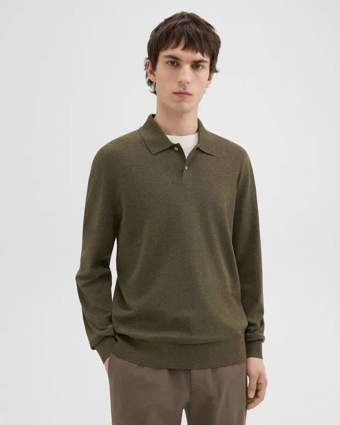 Men Theory Sweaters Cardigans Goris LongSleeve Polo Shirt In Light Bilen Hunter Green Melange