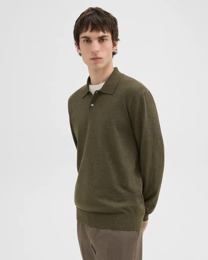 Men Theory Sweaters Cardigans Goris LongSleeve Polo Shirt In Light Bilen Hunter Green Melange