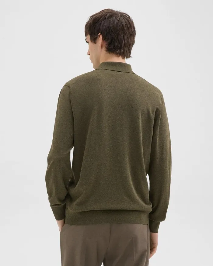 Men Theory Sweaters Cardigans Goris LongSleeve Polo Shirt In Light Bilen Hunter Green Melange