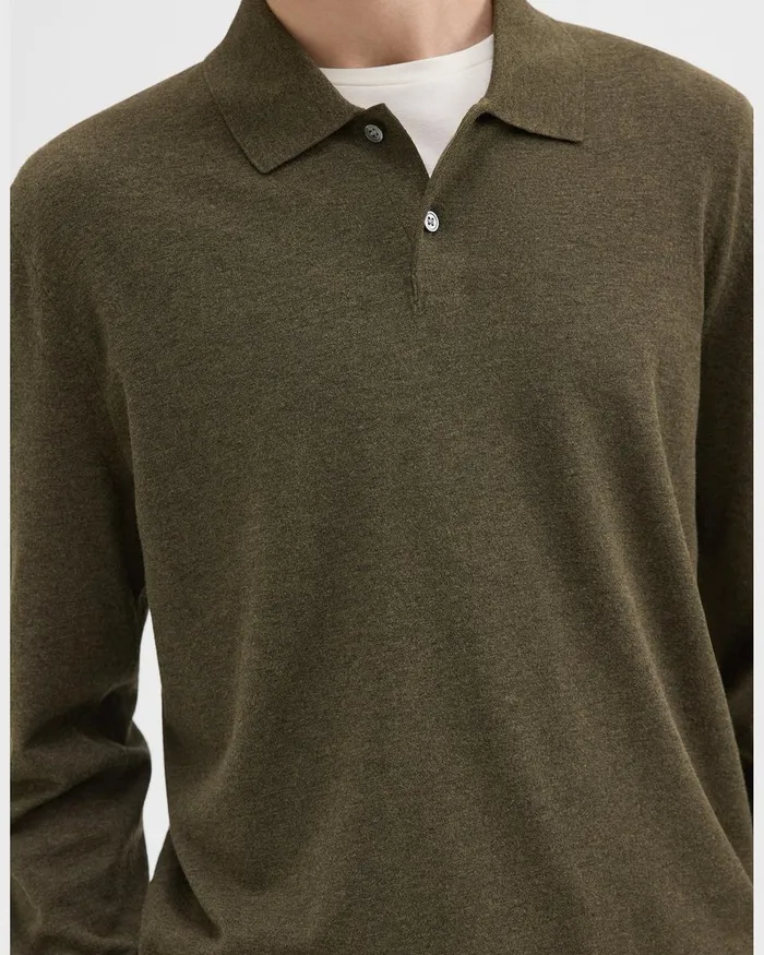 Men Theory Sweaters Cardigans Goris LongSleeve Polo Shirt In Light Bilen Hunter Green Melange