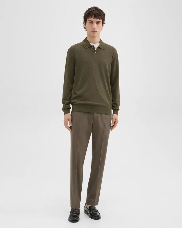 Men Theory Sweaters Cardigans Goris LongSleeve Polo Shirt In Light Bilen Hunter Green Melange