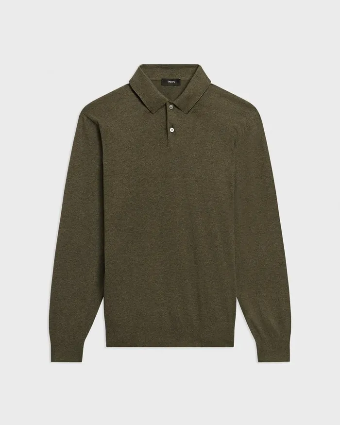 Men Theory Sweaters Cardigans Goris LongSleeve Polo Shirt In Light Bilen Hunter Green Melange