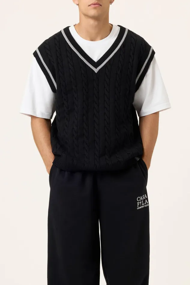 Men Tops and TShirts Fila Baseline Cable Knit Vest 002 Blackultimate Gray