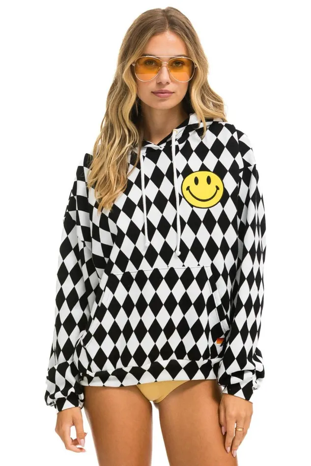 MenWomen Tops Aviator Nation DIAMOND SMILEY 2 EMBRIODERY RELAXED PULLOVER HOODIE 8211 WHITE BLACK