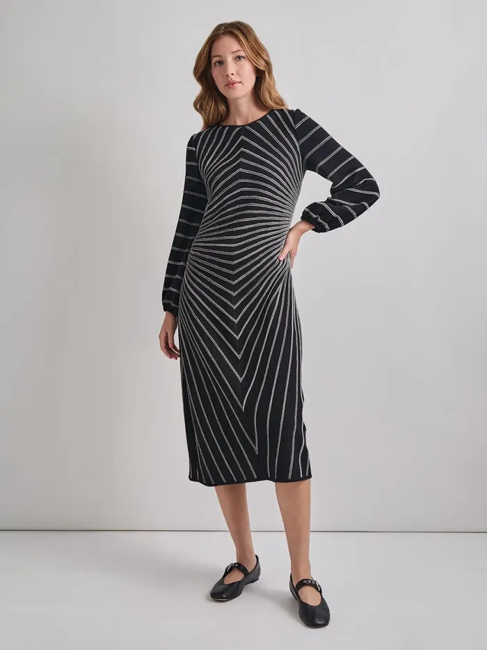 Misook ALine Melange Striped Soft Knit Midi Dress Women Dresses