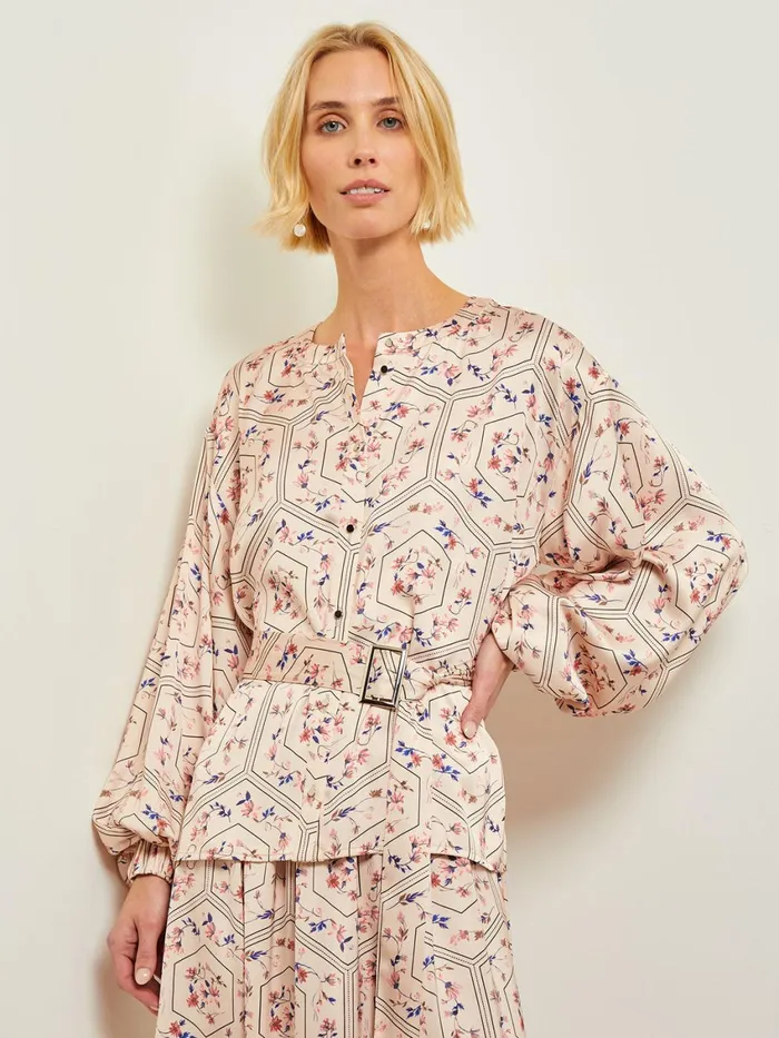 Misook Balloon Sleeve Belted Blouse 8211 Floral Print Crepe De Chine Women Blouses and Shirts