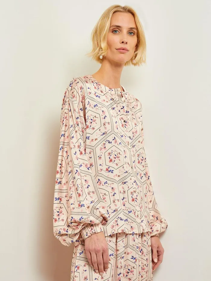 Misook Balloon Sleeve Belted Blouse 8211 Floral Print Crepe De Chine Women Blouses and Shirts