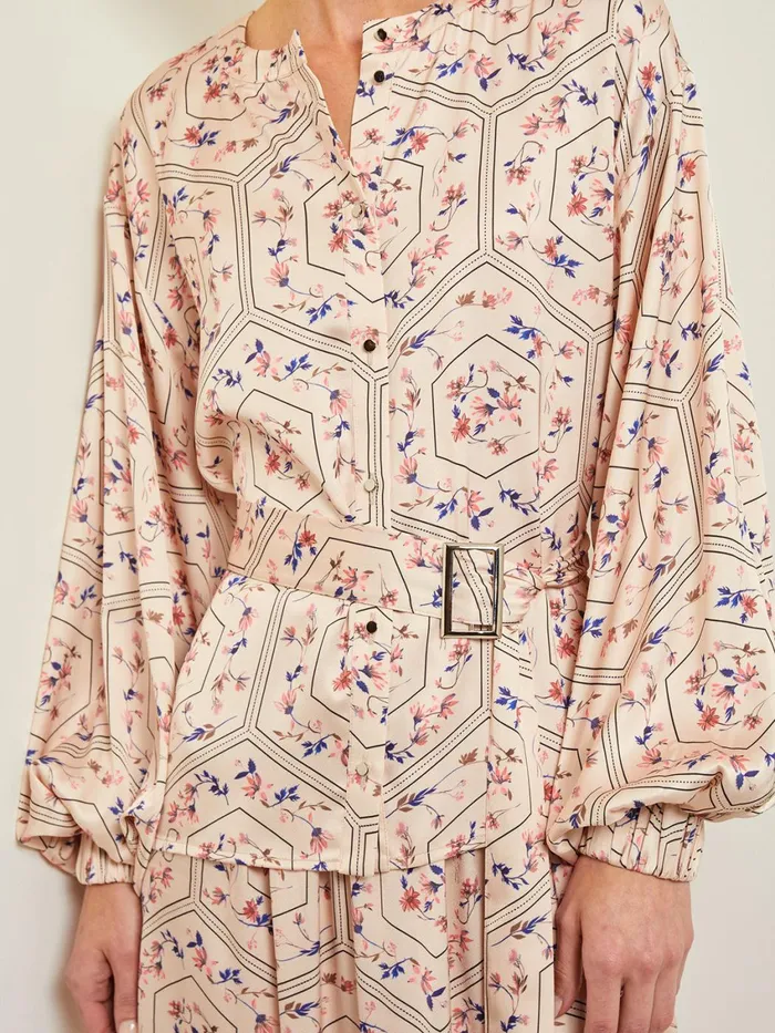 Misook Balloon Sleeve Belted Blouse 8211 Floral Print Crepe De Chine Women Blouses and Shirts