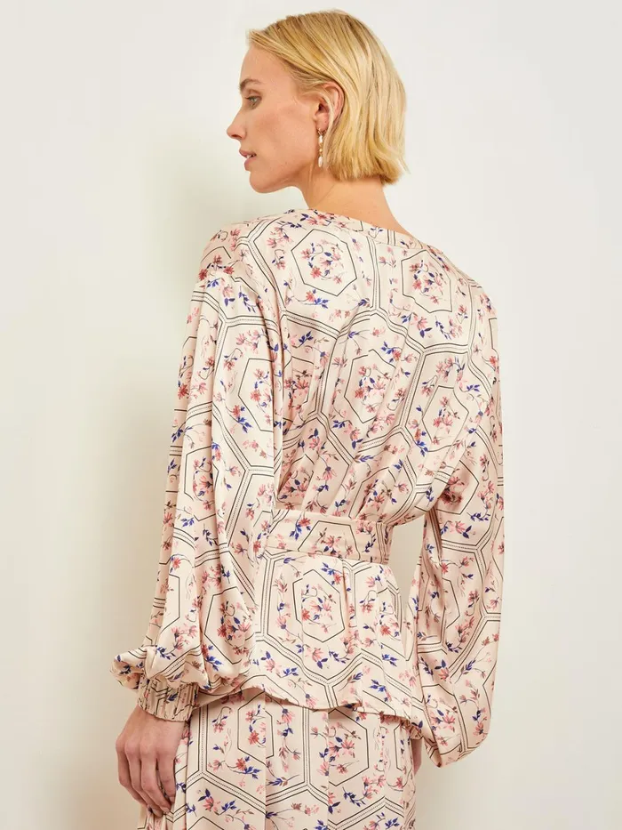 Misook Balloon Sleeve Belted Blouse 8211 Floral Print Crepe De Chine Women Blouses and Shirts