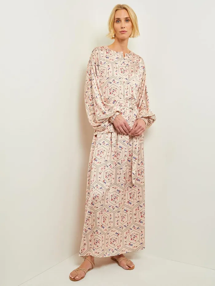 Misook Balloon Sleeve Belted Blouse 8211 Floral Print Crepe De Chine Women Blouses and Shirts