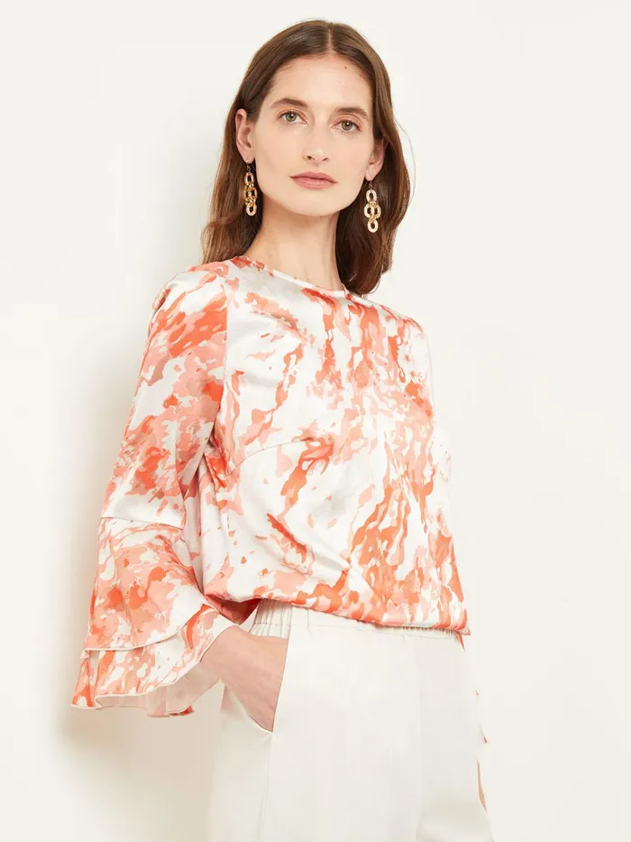 Misook Flounce Sleeve Blouse 8211 Jewel Neck Print Crepe De Chine Women Tops and Tees