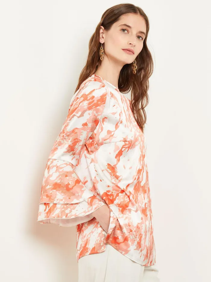Misook Flounce Sleeve Blouse 8211 Jewel Neck Print Crepe De Chine Women Tops and Tees