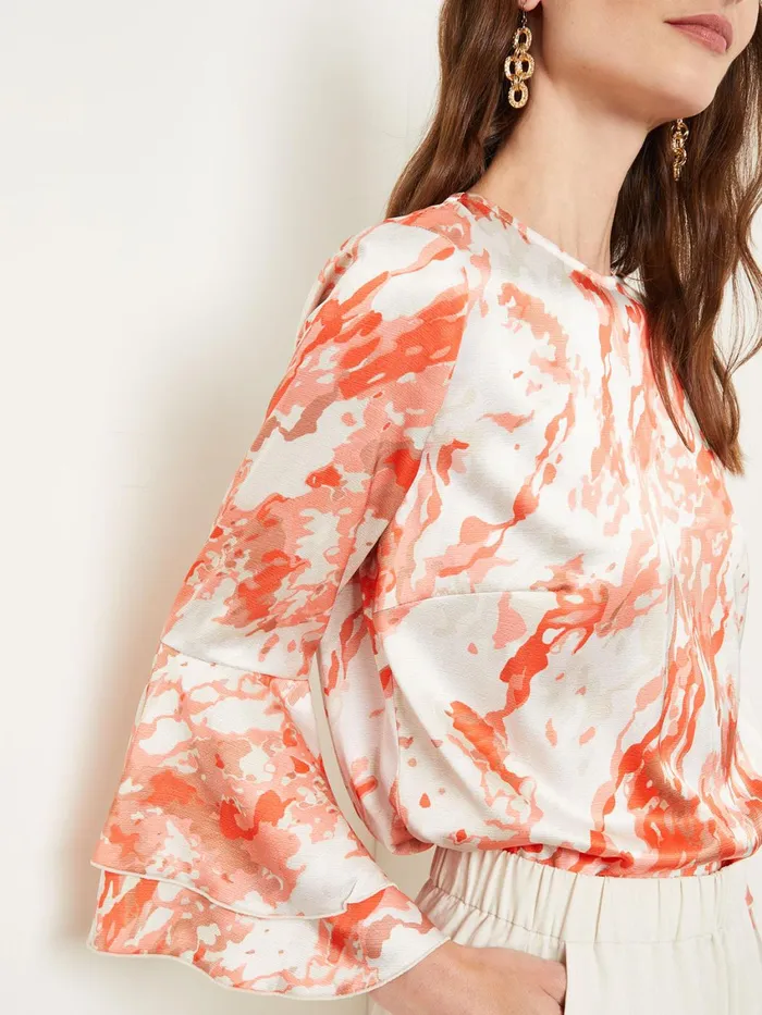 Misook Flounce Sleeve Blouse 8211 Jewel Neck Print Crepe De Chine Women Tops and Tees