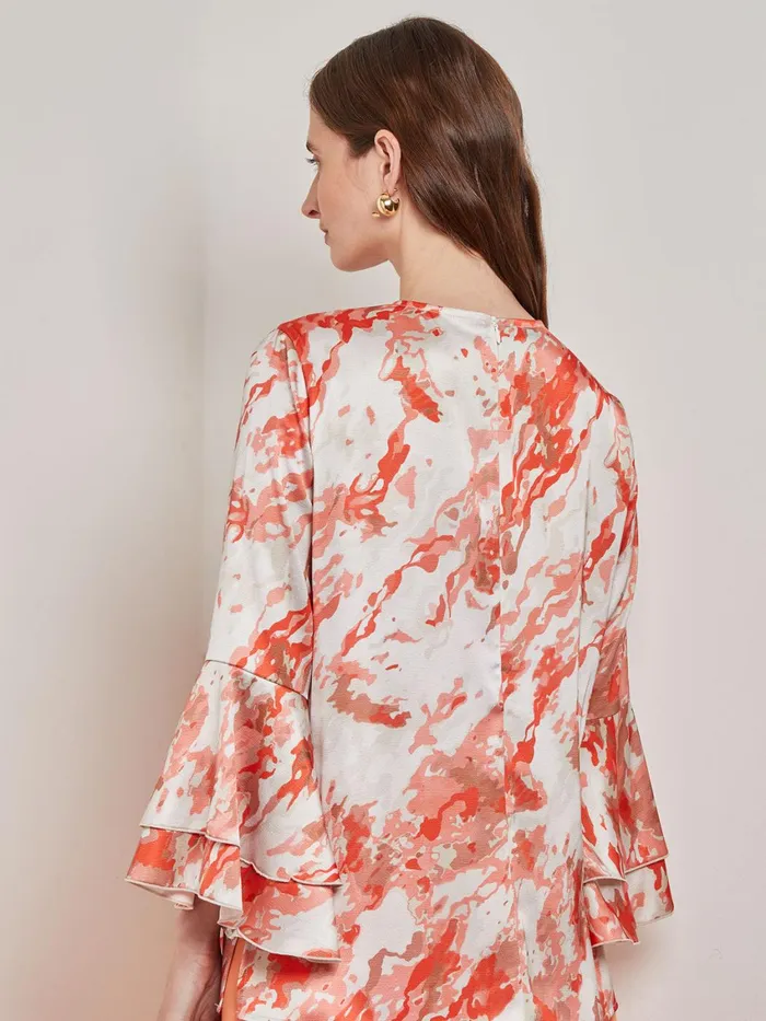 Misook Flounce Sleeve Blouse 8211 Jewel Neck Print Crepe De Chine Women Tops and Tees