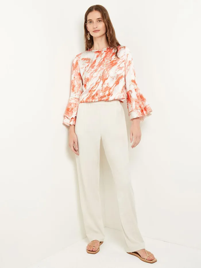 Misook Flounce Sleeve Blouse 8211 Jewel Neck Print Crepe De Chine Women Tops and Tees