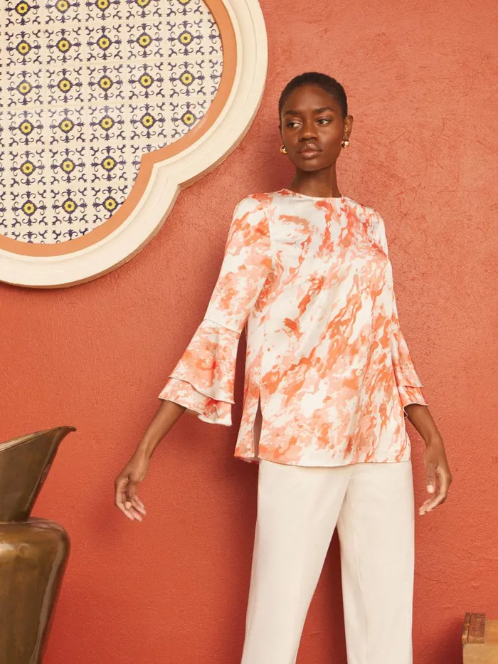 Misook Flounce Sleeve Blouse 8211 Jewel Neck Print Crepe De Chine Women Tops and Tees