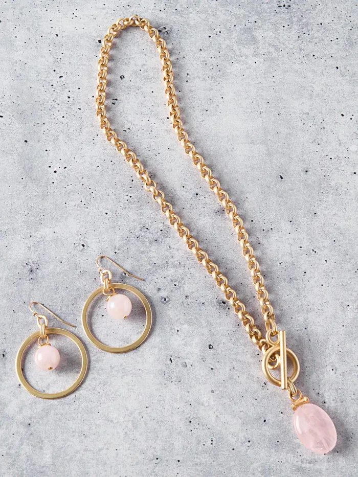 Misook Handmade Rose Quartz Pendant Toggle Chain Necklace Women Necklaces