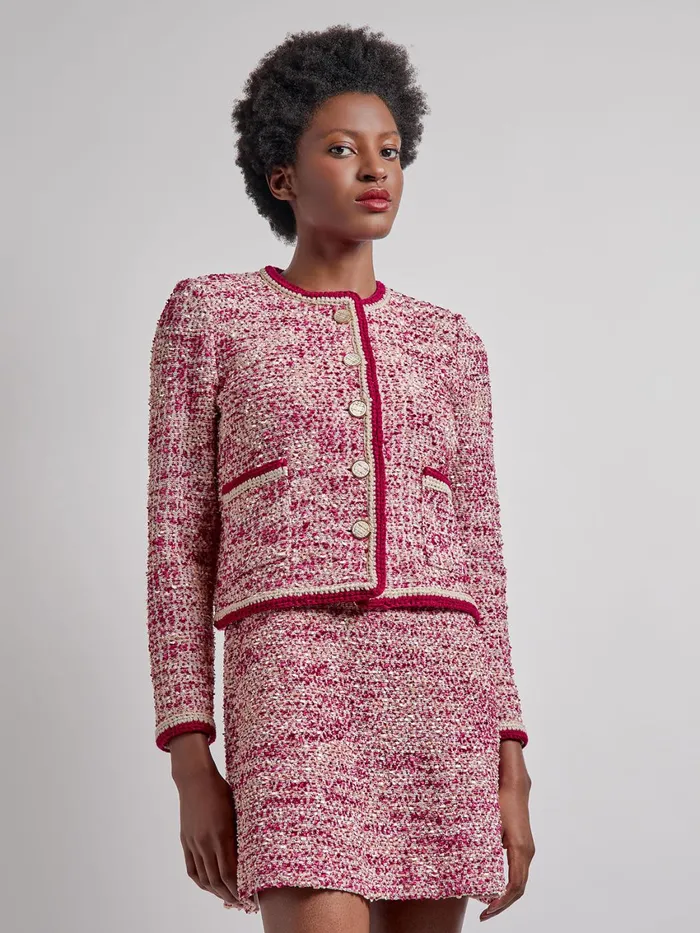 Misook Heritage Boucle Crochet Trim Knit Jacket Women Jackets and Coats