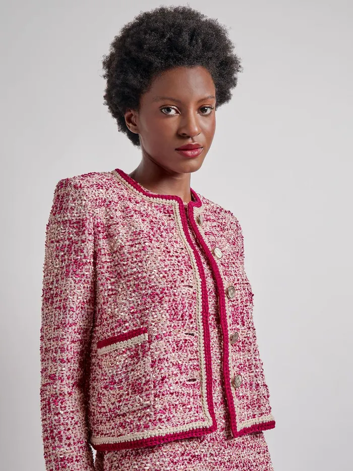 Misook Heritage Boucle Crochet Trim Knit Jacket Women Jackets and Coats