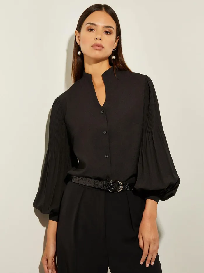 Misook Pleated Bishop Sleeve Stretch Crepe Blouse Women Tops and Tees