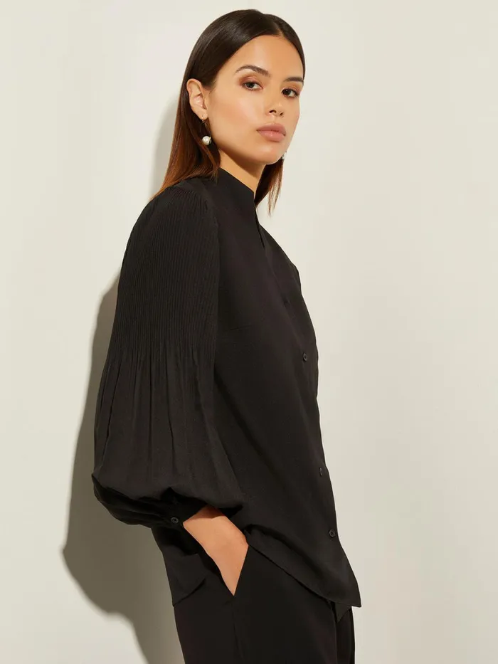 Misook Pleated Bishop Sleeve Stretch Crepe Blouse Women Tops and Tees