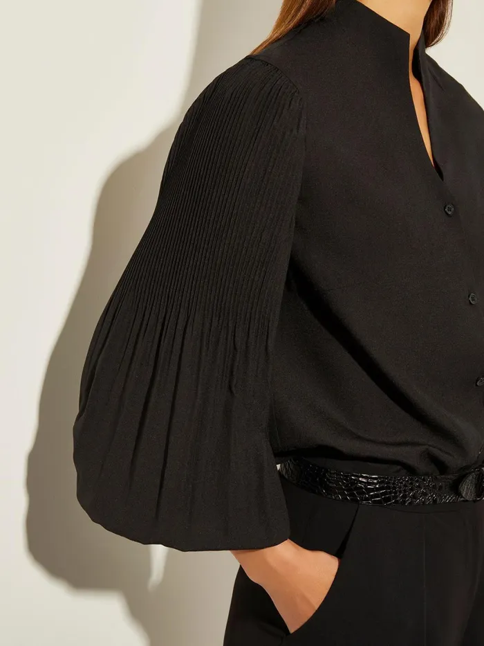 Misook Pleated Bishop Sleeve Stretch Crepe Blouse Women Tops and Tees