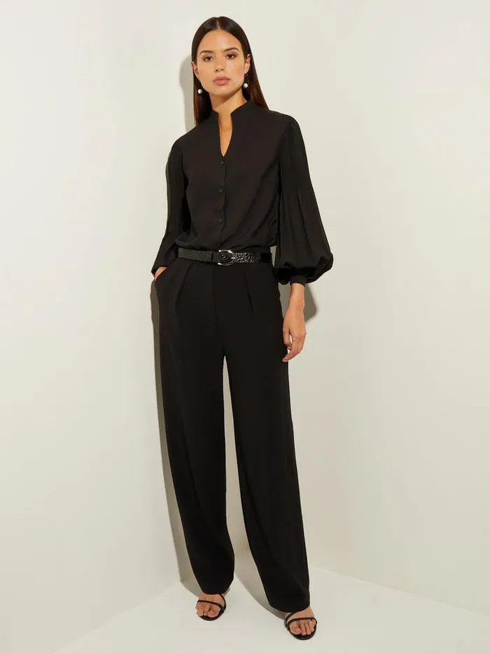 Misook Pleated Bishop Sleeve Stretch Crepe Blouse Women Tops and Tees
