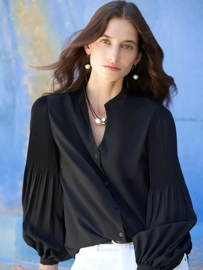 Misook Pleated Bishop Sleeve Stretch Crepe Blouse Women Tops and Tees