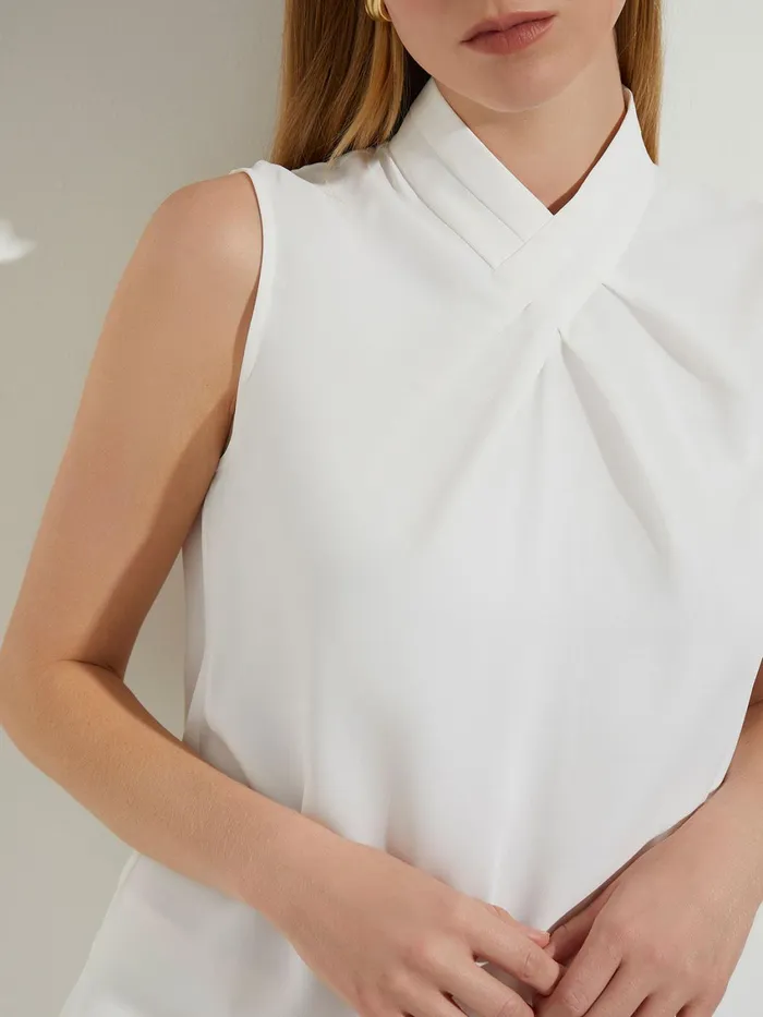Misook Pleated Crossover Collar Crepe De Chine Blouse Women Blouses and Shirts
