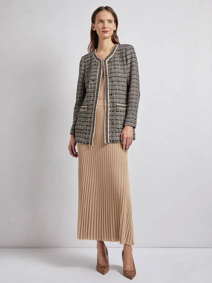 Misook Tailored Fit Contrast Trim Tweed Knit Jacket Women Jackets and Coats