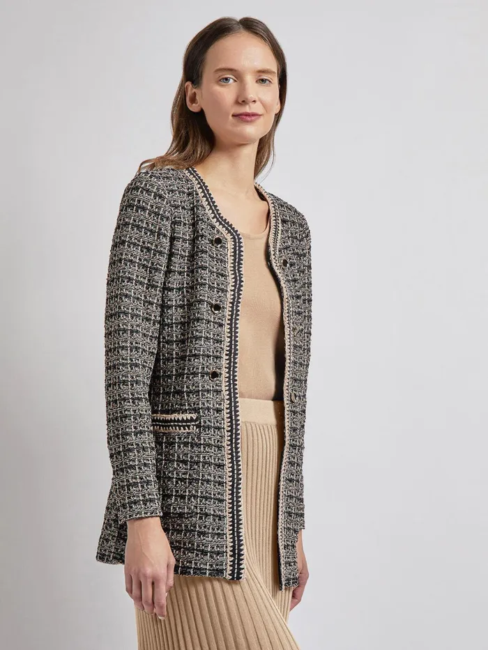 Misook Tailored Fit Contrast Trim Tweed Knit Jacket Women Jackets and Coats