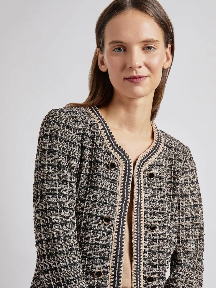 Misook Tailored Fit Contrast Trim Tweed Knit Jacket Women Jackets and Coats