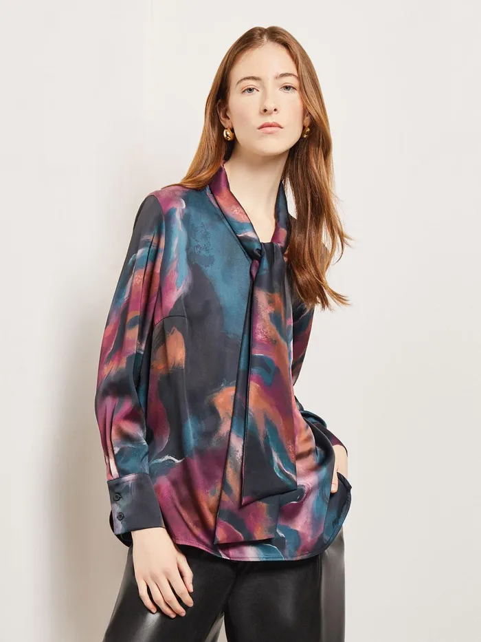 Misook Watercolor Tie Neck Crepe De Chine Blouse Women Tops and Tees