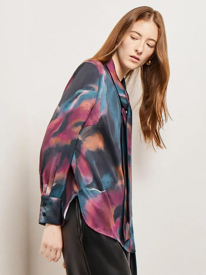 Misook Watercolor Tie Neck Crepe De Chine Blouse Women Tops and Tees