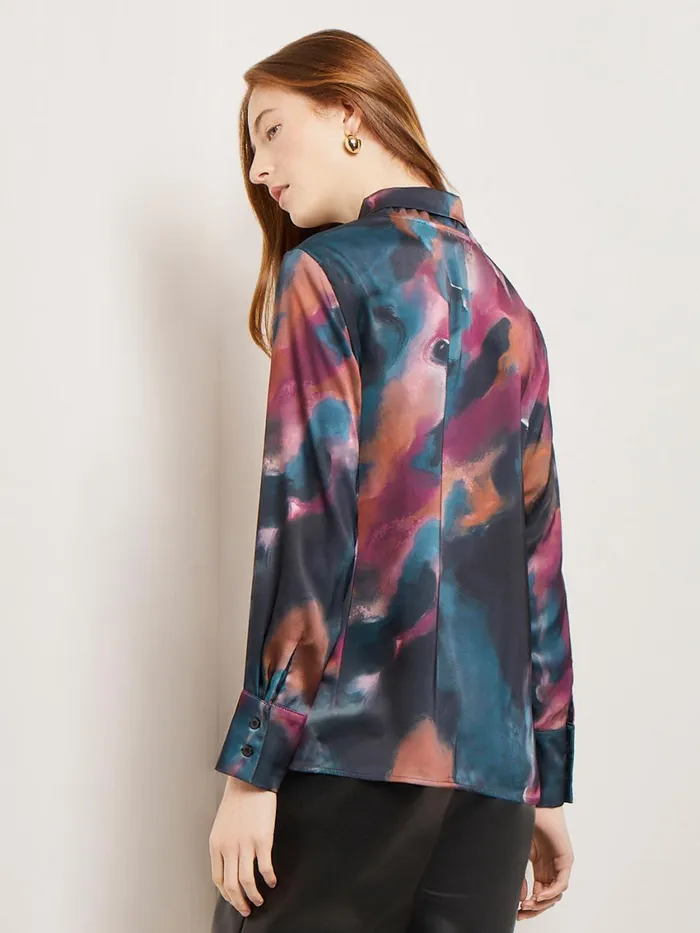 Misook Watercolor Tie Neck Crepe De Chine Blouse Women Tops and Tees