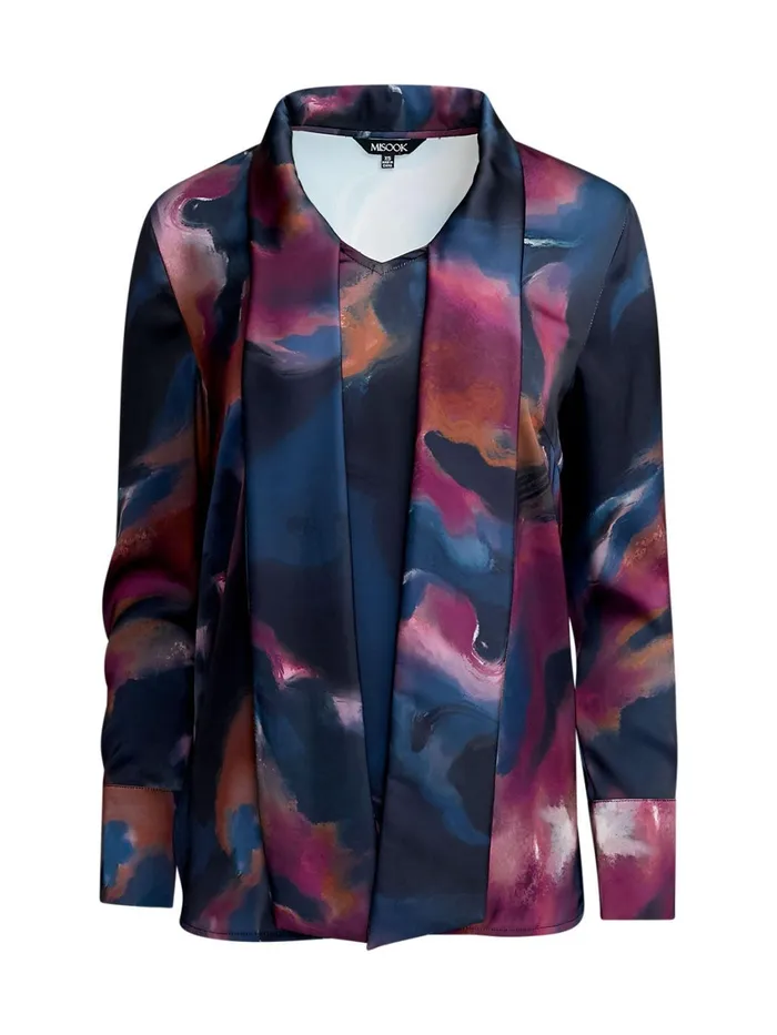 Misook Watercolor Tie Neck Crepe De Chine Blouse Women Tops and Tees