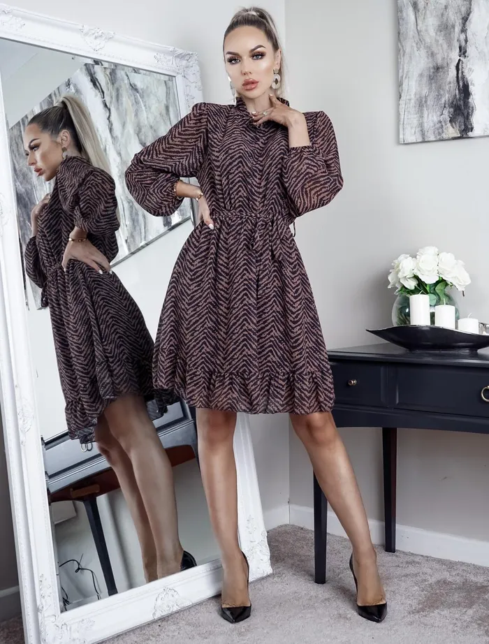 Molly Tan High Neck Animal Print Tie Waist Skater Dress Women Missfiga Skater Dresses
