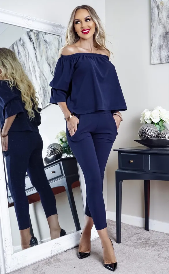 Navy Mckenna Frill Off Shoulder Tracksuit Set Lounge Wear Women Missfiga LoungewearTracksuits