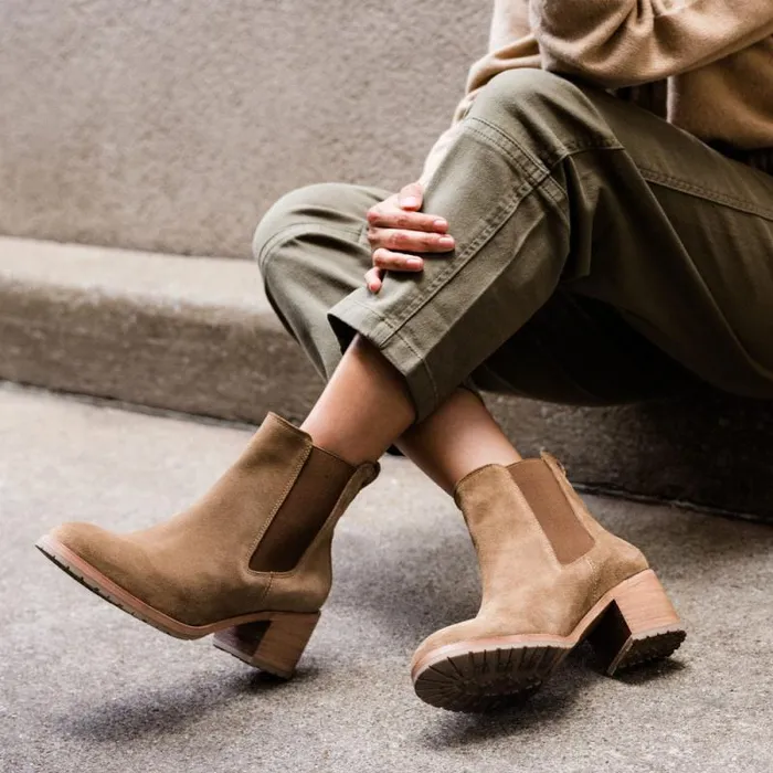Nisolo Boots Women Ana GoTo Heeled Chelsea Boot Taupe Suede